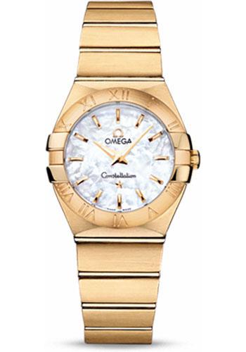 Omega Ladies Constellation Quartz Watch - 27 mm Brushed Yellow Gold Case - Mother-Of-Pearl Dial - 123.50.27.60.05.002 - Luxury Time NYC