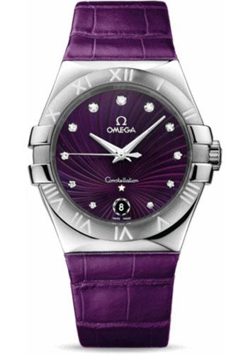 Omega Ladies Constellation Quartz Watch - 35 mm Brushed Steel Case - Purple Diamond Dial - Purple Leather Strap - 123.13.35.60.60.001 - Luxury Time NYC