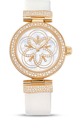Omega Ladies De Ville Ladymatic Watch - 34 mm Yellow Gold Case - Snow-Set Diamond Paved Bezel - Mother-Of-Pearl Marquetry Diamond Dial - White Leather Strap - 425.67.34.20.55.005 - Luxury Time NYC