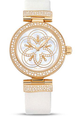 Omega Ladies De Ville Ladymatic Watch - 34 mm Yellow Gold Case - Snow-Set Diamond Paved Bezel - Mother-Of-Pearl Marquetry Diamond Dial - White Leather Strap - 425.67.34.20.55.005 - Luxury Time NYC