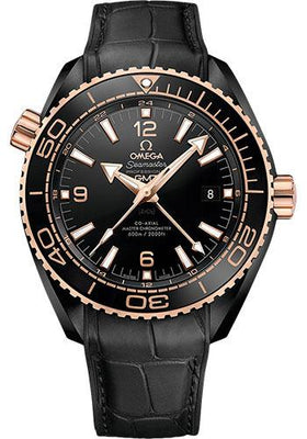 Omega Planet Ocean 600 M Omega Co-axial Master Chronometer GMT Deep Black Watch - 45.5 mm Black Ceramic Case - Sedna Gold Unidirectional Bezel - Black Dial - Black Water Resistant Leather Strap - 215.63.46.22.01.001 - Luxury Time NYC