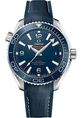 Omega Planet Ocean 600M Co-Axial Master Chronometer Watch - 39.5 mm Steel Case - Unidirectional Blue Cermaic Bezel - Black Dial - Blue Leather Strap - 215.33.40.20.03.001 - Luxury Time NYC