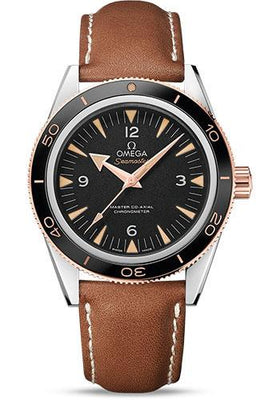 Omega Seamaster 300 Omega Master Co-Axial Watch - 41 mm Steel Case - Sedna Gold Unidirectional Bezel - Black Dial - Brown Leather Strap - 233.22.41.21.01.002 - Luxury Time NYC