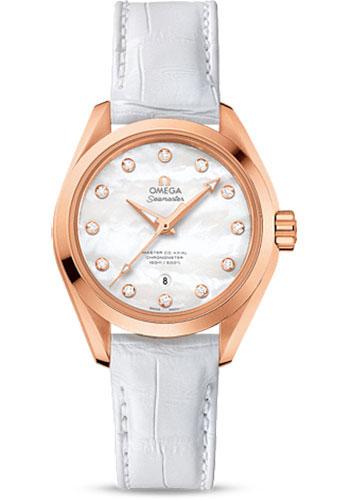 Omega Seamaster Aqua Terra 150 M Master Co-Axial Watch - 34 mm Sedna Gold Case - Mother-Of-Pearl Diamond Dial - White Leather Strap - 231.53.34.20.55.001 - Luxury Time NYC