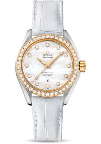Omega Seamaster Aqua Terra 150 M Master Co-Axial Watch - 34 mm Steel Case - Yellow Gold Bezel - Mother-Of-Pearl Diamond Dial - White Leather Strap - 231.28.34.20.55.004 - Luxury Time NYC