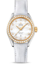 Load image into Gallery viewer, Omega Seamaster Aqua Terra 150 M Master Co-Axial Watch - 34 mm Steel Case - Yellow Gold Bezel - Mother-Of-Pearl Diamond Dial - White Leather Strap - 231.28.34.20.55.004 - Luxury Time NYC