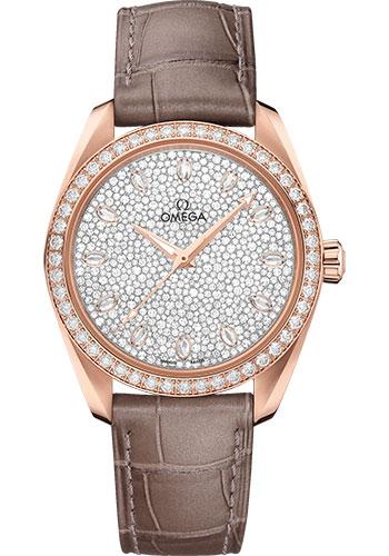 Omega Seamaster Aqua Terra 150M Co-Axial Master Chronometer Ladies Watch - 38 mm Sedna Gold Case - Diamond-Set Bezel - Radiant Diamond Dial - Taupe-Brown Leather Strap - 220.58.38.20.99.003 - Luxury Time NYC