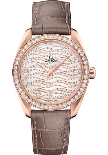 Omega Seamaster Aqua Terra 150M Co-Axial Master Chronometer Ladies Watch - 38 mm Sedna Gold Case - Diamond-Set Bezel - Radiant Diamond Dial - Taupe-Brown Leather Strap - 220.58.38.20.99.006 - Luxury Time NYC