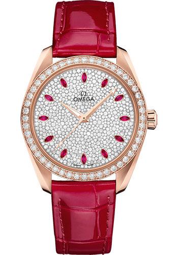 Omega Seamaster Aqua Terra 150M Co-Axial Master Chronometer Ladies' Watch - 38 mm Sedna Gold Case - Fully Paved Diamond Dial - Glossy Red Leather Strap - 220.58.38.20.99.001 - Luxury Time NYC