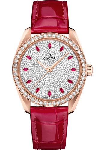Omega Seamaster Aqua Terra 150M Co-Axial Master Chronometer Ladies' Watch - 38 mm Sedna Gold Case - Fully Paved Diamond Dial - Glossy Red Leather Strap - 220.58.38.20.99.001 - Luxury Time NYC