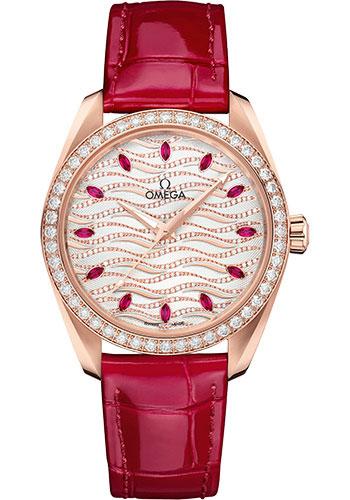 Omega Seamaster Aqua Terra 150M Co-Axial Master Chronometer Ladies' Watch - 38 mm Sedna Gold Case - Radiant Wave Pattern Diamond Dial - Glossy Red Leather Strap - 220.58.38.20.99.004 - Luxury Time NYC