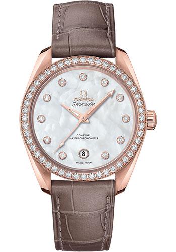 Omega Seamaster Aqua Terra 150M Co-Axial Master Chronometer Ladies Watch - 38 mm Sedna Gold Case - White Mother-Of-Pearl Diamond Dial - Taupe-Brown Leather Strap - 220.58.38.20.55.001 - Luxury Time NYC