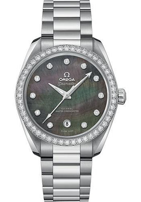 Omega Seamaster Aqua Terra 150M Co-Axial Master Chronometer Ladies Watch - 38 mm Steel Case - Diamond-Set Bezel - Tahiti Mother-Of-Pearl Diamond Dial - 220.15.38.20.57.001 - Luxury Time NYC