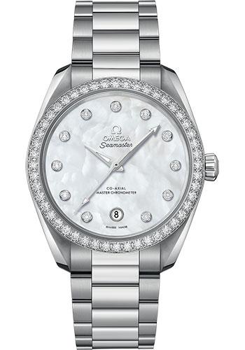 Omega Seamaster Aqua Terra 150M Co-Axial Master Chronometer Ladies Watch - 38 mm Steel Case - Diamond-Set Bezel - White Mother-Of-Pearl Diamond Dial - 220.15.38.20.55.001 - Luxury Time NYC