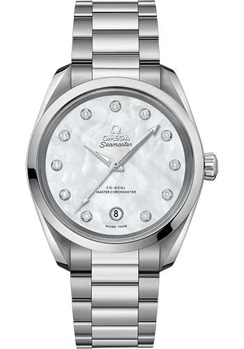 Omega Seamaster Aqua Terra 150M Co-Axial Master Chronometer Ladies Watch - 38 mm Steel Case - White Mother-Of-Pearl Diamond Dial - 220.10.38.20.55.001 - Luxury Time NYC