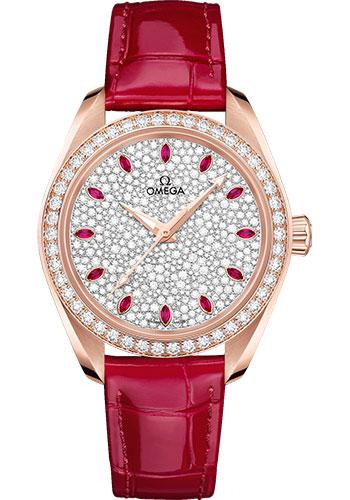 Omega Seamaster Aqua Terra 150M Co-Axial Master Chronometer Watch - 34 mm Sedna Gold Case - Diamond-Set Bezel - Radiant Diamond Dial - Glossy Red Leather Strap - 220.58.34.20.99.001 - Luxury Time NYC