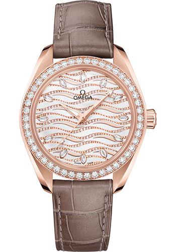 Omega Seamaster Aqua Terra 150M Co-Axial Master Chronometer Watch - 34 mm Sedna Gold Case - Diamond-Set Bezel - Radiant Diamond Dial - Taupe-Brown Leather Strap - 220.58.34.20.99.006 - Luxury Time NYC