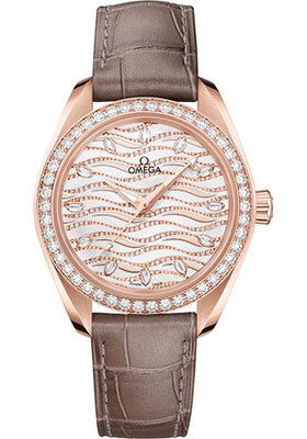 Omega Seamaster Aqua Terra 150M Co-Axial Master Chronometer Watch - 34 mm Sedna Gold Case - Diamond-Set Bezel - Radiant Diamond Dial - Taupe-Brown Leather Strap - 220.58.34.20.99.006 - Luxury Time NYC