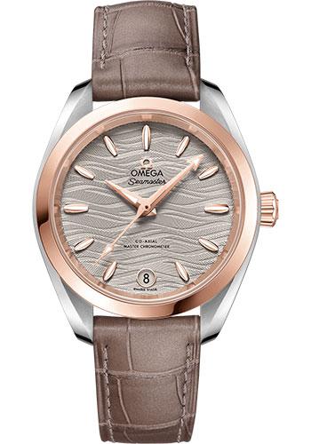 Omega Seamaster Aqua Terra 150M Co-Axial Master Chronometer Watch - 34 mm Steel And Sedna Gold Case - Waved Agate Grey Dial - Taupe-Brown Leather Strap - 220.23.34.20.06.001 - Luxury Time NYC