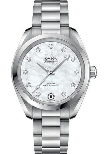 Omega Seamaster Aqua Terra 150M Co-Axial Master Chronometer Watch - 34 mm Steel Case - White Mother-Of-Pearl Diamond Dial - 220.10.34.20.55.001 - Luxury Time NYC