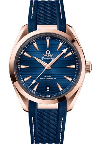 Omega Seamaster Aqua Terra 150M Co-Axial Master Chronometer Watch - 41 mm Sedna Gold Case - Blue Dial - Blue Rubber Strap - 220.52.41.21.03.001 - Luxury Time NYC