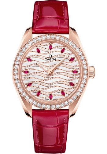 Omega Seamaster Aqua Terra 150M Omega Co-Axial Master Chronometer - 34 mm Sedna Gold Case - Diamond Bezel - White Diamond Wave Ruby Dial - Glossy Red Leather Strap - 220.58.34.20.99.004 - Luxury Time NYC