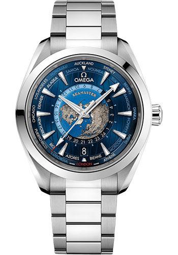 Omega Seamaster Aqua Terra 150M Omega Co-Axial Master Chronometer GMT Worldtimer - 43 mm Steel Case - Blue Dial - 220.10.43.22.03.001 - Luxury Time NYC