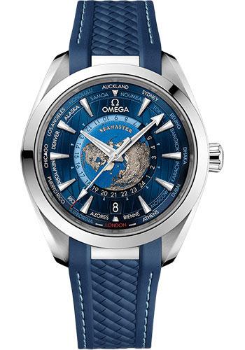 Omega Seamaster Aqua Terra 150M Omega Co-Axial Master Chronometer GMT Worldtimer - 43 mm Steel Case - Blue Dial - Blue Rubber Strap - 220.12.43.22.03.001 - Luxury Time NYC