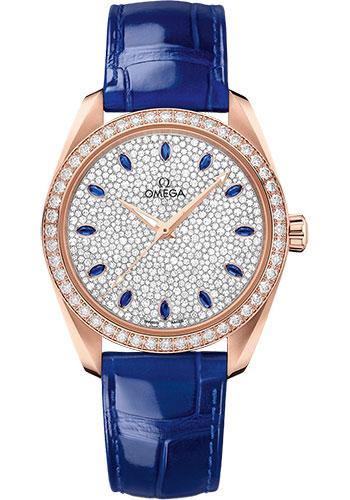 Omega Seamaster Aqua Terra 150M Omega Co-Axial Master Chronometer Ladies' - 38 mm Sedna Gold Case - Diamond Bezel - White Diamond Paved Sapphire Dial - Glossy Blue Leather Strap - 220.58.38.20.99.002 - Luxury Time NYC