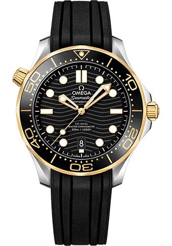 Omega Seamaster Diver 300M Co-Axial Master Chronometer Watch - 42 mm Steel And Yellow Gold Case - Unidirectional Bezel - Black Ceramic Dial - Black Rubber Strap - 210.22.42.20.01.001 - Luxury Time NYC
