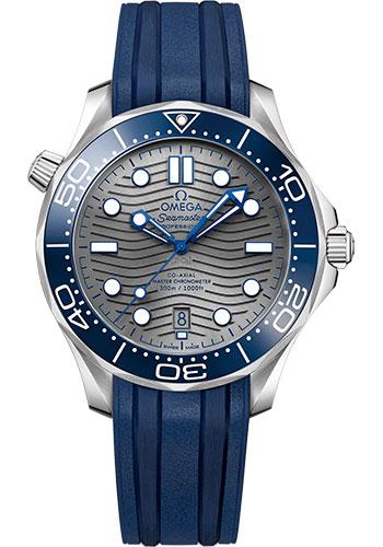Omega Seamaster Diver 300M Co-Axial Master Chronometer Watch - 42 mm Steel Case - Unidirectional Bezel - Pvd Chrome Colour Ceramic Dial - Blue Rubber Strap - 210.32.42.20.06.001 - Luxury Time NYC