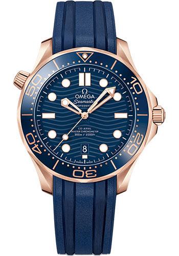 Omega Seamaster Diver 300M Omega Co-Axial Master Chronometer - 42 mm Sedna Gold Case - Blue Dial - Blue Rubber Strap - 210.62.42.20.03.001 - Luxury Time NYC