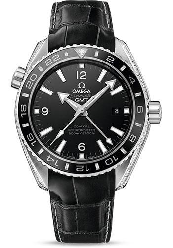 Omega Seamaster Planet Ocean 600 M Omega Co-Axial GMT Watch - 43.5 mm Platinum Case - Black Ceramic Bi-Directional Bezel - Black Dial - Black Leather Strap - 232.98.44.22.01.001 - Luxury Time NYC