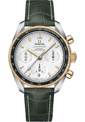 Omega Speedmaster 38 Co-Axial Chronograph Watch - 38 mm Steel And Yellow Gold Case - Silvery Dial - Green Leather Strap - 324.23.38.50.02.001 - Luxury Time NYC