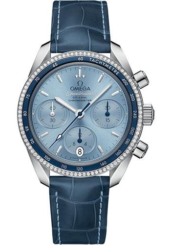 Omega Speedmaster 38 Co-Axial Chronograph Watch - 38 mm Steel Case - Dual Diamond Bezel - Ice Blue Dial - Blue Leather Strap - 324.38.38.50.03.001 - Luxury Time NYC
