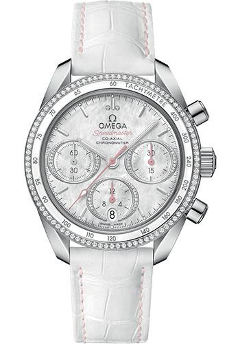 Omega Speedmaster 38 Co-Axial Chronograph Watch - 38 mm Steel Case - Dual Diamond Bezel - Mother-Of-Pearl Diamond Dial - White Leather Strap - 324.38.38.50.55.001 - Luxury Time NYC
