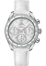Load image into Gallery viewer, Omega Speedmaster 38 Co-Axial Chronograph Watch - 38 mm Steel Case - Dual Diamond Bezel - Mother-Of-Pearl Diamond Dial - White Leather Strap - 324.38.38.50.55.001 - Luxury Time NYC
