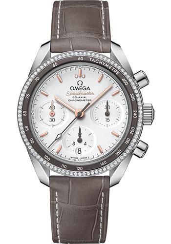 Omega Speedmaster 38 Co-Axial Chronograph Watch - 38 mm Steel Case - Dual Diamond Bezel - Silvery Dial - Taupe-Brown Leather Strap - 324.38.38.50.02.001 - Luxury Time NYC
