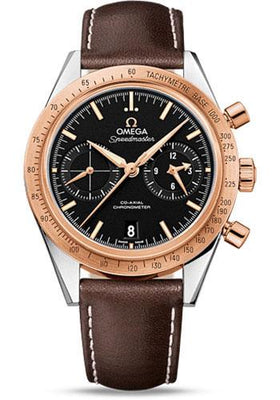 Omega Speedmaster '57 Omega Co-Axial Chronograph Watch - 41.5 mm Steel Case - Brushed Red Gold Bezel - Black Dial - Brown Leather Strap - 331.22.42.51.01.001 - Luxury Time NYC
