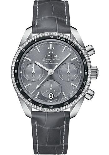 Omega Speedmaster Co-Axial Chronograph Watch - 38 mm Steel Case - Dual Diamond Bezel - Sun Brushed Grey Dial - Grey Leather Strap - 324.38.38.50.06.001 - Luxury Time NYC