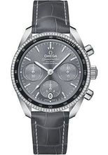 Load image into Gallery viewer, Omega Speedmaster Co-Axial Chronograph Watch - 38 mm Steel Case - Dual Diamond Bezel - Sun Brushed Grey Dial - Grey Leather Strap - 324.38.38.50.06.001 - Luxury Time NYC