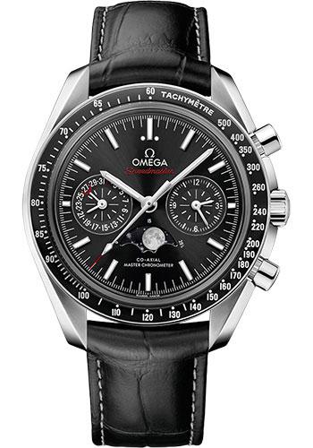 Omega Speedmaster Moonphase Master Chronometer Chronograph Watch - 44.25 mm Steel Case - Black Liquid Metal Bezel - Black Dial - Black Leather Strap - 304.33.44.52.01.001 - Luxury Time NYC