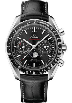 Omega Speedmaster Moonphase Master Chronometer Chronograph Watch - 44.25 mm Steel Case - Black Liquid Metal Bezel - Black Dial - Black Leather Strap - 304.33.44.52.01.001 - Luxury Time NYC