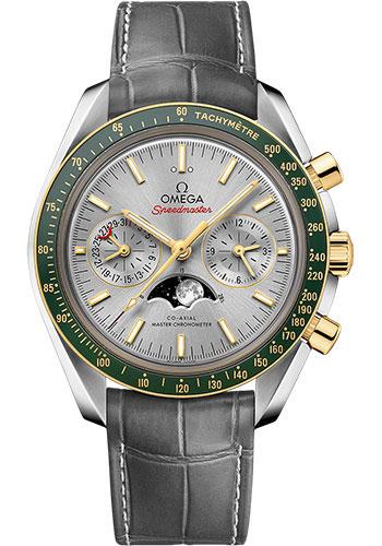 Omega Speedmaster Moonphase Master Chronometer Chronograph Watch - 44.25 mm Steel Case - Yellow Gold Bezel - Grey Diamond Dial - Grey Leather Strap - 304.23.44.52.06.001 - Luxury Time NYC
