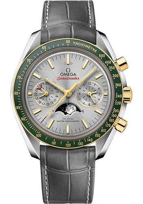 Omega Speedmaster Moonphase Master Chronometer Chronograph Watch - 44.25 mm Steel Case - Yellow Gold Bezel - Grey Diamond Dial - Grey Leather Strap - 304.23.44.52.06.001 - Luxury Time NYC