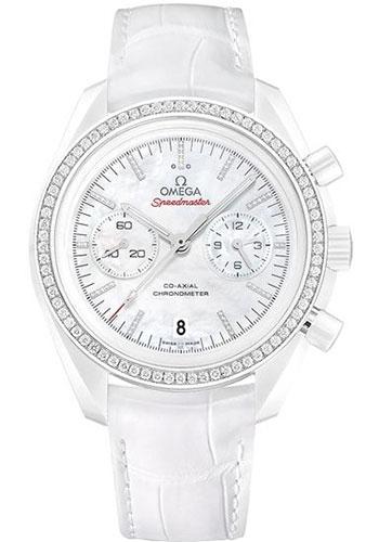 Omega Speedmaster Moonwatch Co-Axial Chronograph White Side of the Moon Watch - 44.25 mm White Ceramic Case - Diamond-Set Ceramic Bezel - Mother-Of-Pearl Dial - White Leather Strap - 311.98.44.51.55.001 - Luxury Time NYC