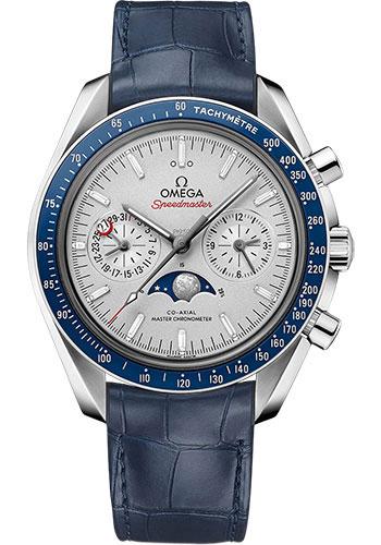 Omega Speedmaster Moonwatch Omega Co-Axial Master Chronometer Moonphase Chronograph - 44.25 mm Platinum Case - Platinum-Gold Diamond Dial - Blue Leather Strap - 304.93.44.52.99.004 - Luxury Time NYC