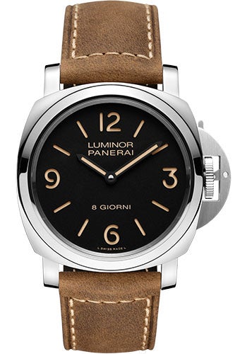 Panerai Luminor Base - 44mm - Polished Steel - Black Dial - Dark Brown Scamosciato Strap - PAM00914 - Luxury Time NYC