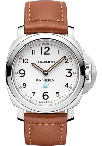 Panerai Luminor Base Logo - 44mm - Brushed Steel - Black Dial - Gold Calf Monte Carlo Strap - PAM00775 - Luxury Time NYC