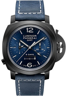 Panerai Luminor Chrono Monopulsante 8 Giorni GMT Blu Notte - 44mm Black Ceramic Case - Blue Sun-Brushed Dial - PAM01135 - Luxury Time NYC